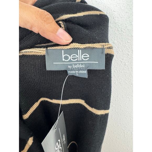 Belle by Belldini Camel Black Striped Hooded Knit Sweater | Size S - Picture 2 of 8